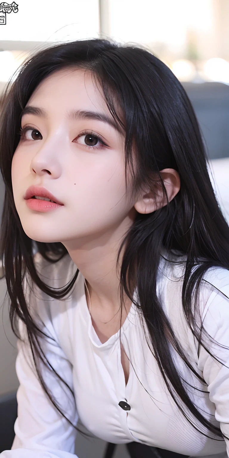 1girl,black hair,long hair,huge breast,white clothes