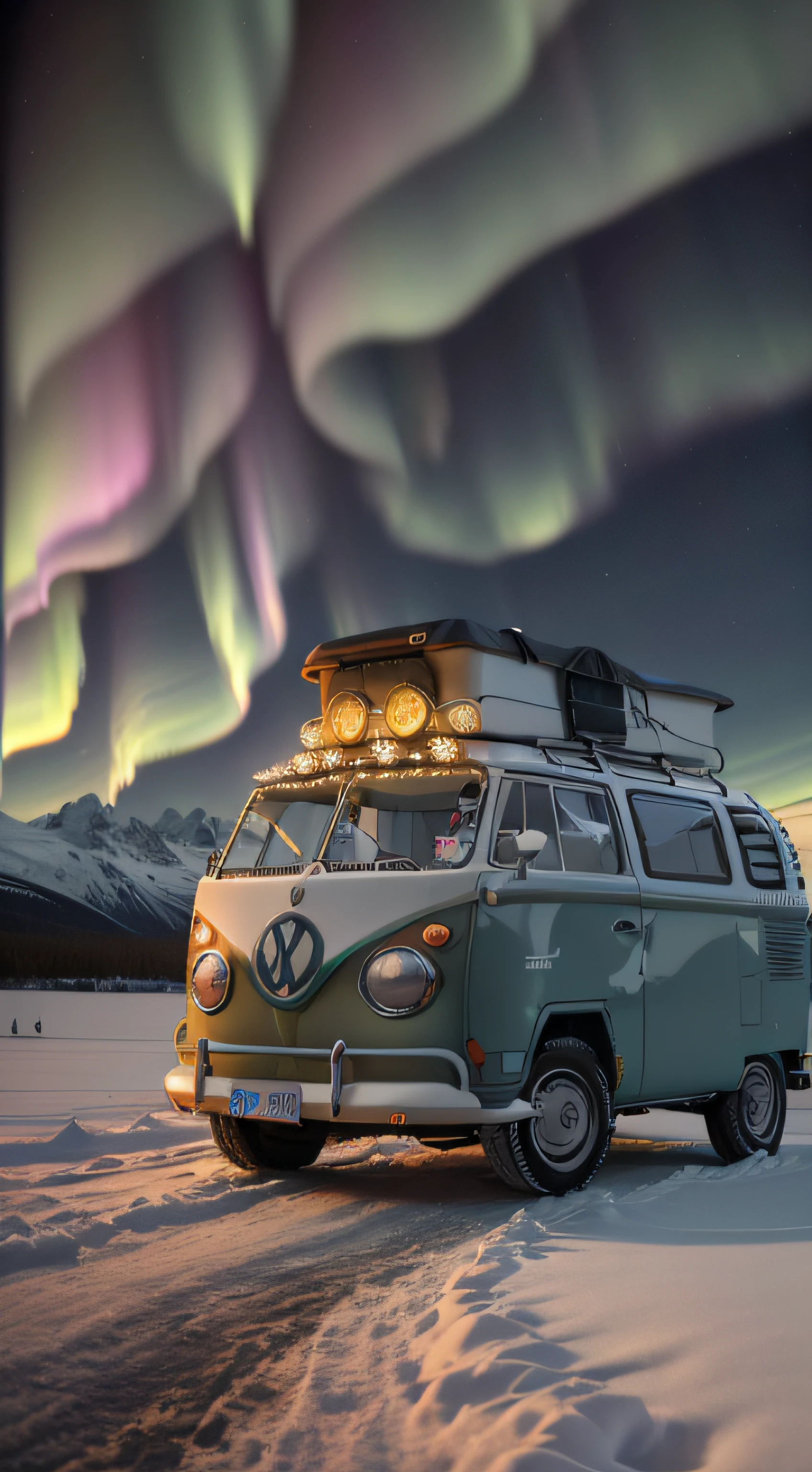 Kombi Volkswagenn aurora borealis, mountain, lake, (16k, best quality, Hdr, best resolution: 1.4, RAW photography) (centerpiece: 1.2), bokeh, realistic photography, Canon 5d