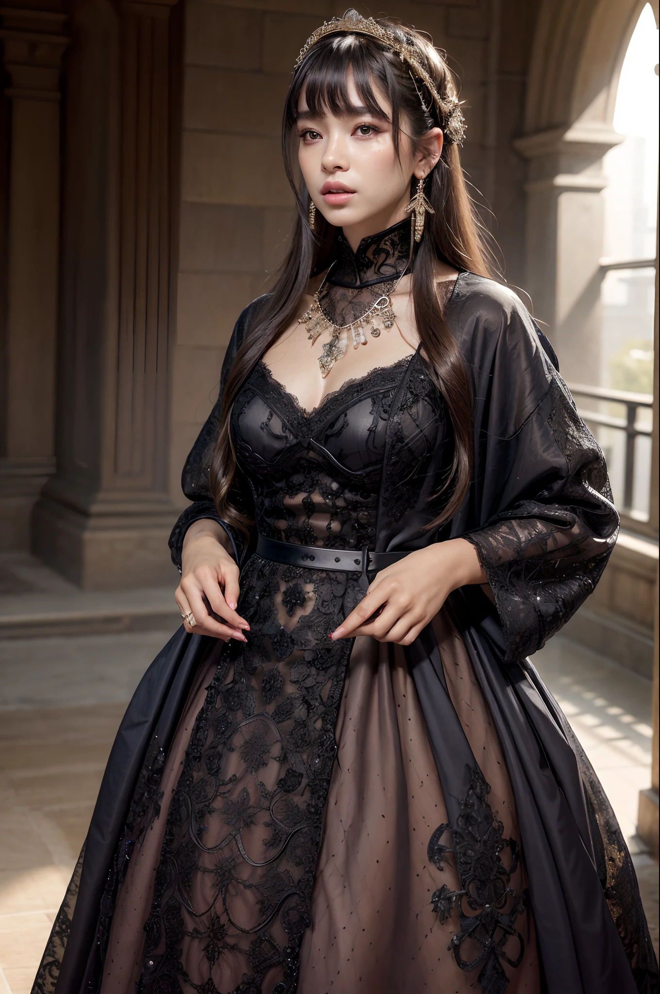 (realistic:1.3), finely detailed, quality, rembrandt lighting, (masterpiece:1.2), (photorealistic:1.2), (best quality), (detailed skin:1.3), (intricate details), dramatic, ray tracing, 1girl, japanese girl, detailed skin texture, (blush:0.2), (goosebumps:0.3), subsurface scattering, long hair burls, parted bangs hair, hair ornaments, earrings, necklace, complex make up, Haute_Couture, designer dress, lace fabric, turtleneck, cowboy shot, (professional fashion photography, high fashion, outdoors),