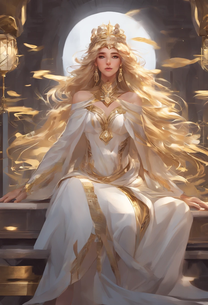 A balanced, harmonious, fair and just (Libra woman), with long golden hair, golden eyes, beautiful and elegant, white off-shoulder skirt, sitting, (Libra: 1.3), Unreal Engine, 8k rendering, realism, illustration style, Rich colors, ray tracing, cinematic shots, close-up views, crisp facial features, WLOP