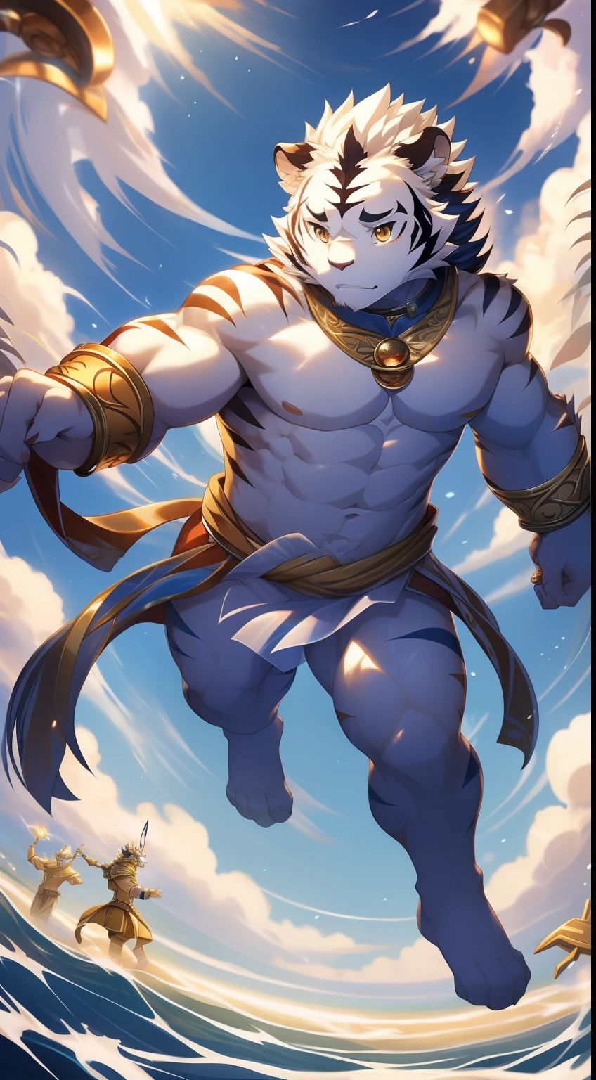 tmasterpiece，high high quality, high-definition photograph, Perfect anatomy, Anthropomorphic white tiger，Fengshin，36 years old，Bare upper body，The pectorals and abs are very strong，White fur，Golden pupils，Mysterious Expression，Yellow lightning tattoo on the chest，Suspended in the air，dressed white hanfu，The barefoot，Gold bracers and collars，Golden currents surround the arm，Flowing clouds fly，Divine brilliance，full body shot of，Bottom-up view, eastern style，realisticlying，Impressive，Perfect anatomy，depth of fields，Epic atmosphere