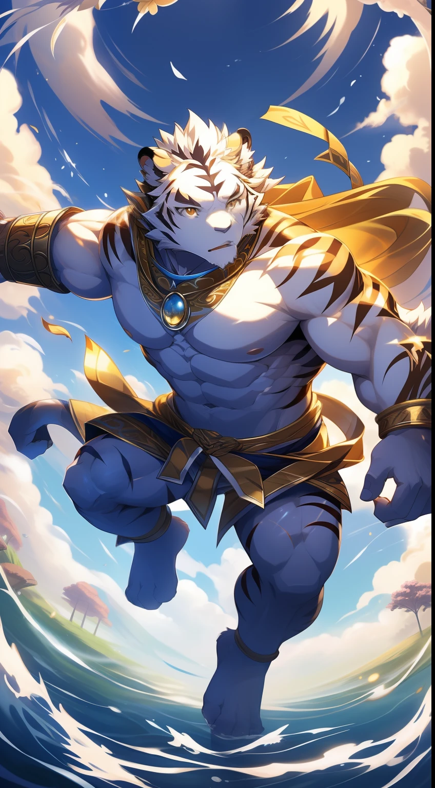 tmasterpiece，high high quality, high-definition photograph, Perfect anatomy, Anthropomorphic white tiger，Fengshin，36 years old，Bare upper body，The pectorals and abs are very strong，White fur，Golden pupils，Mysterious Expression，Yellow lightning tattoo on the chest，Suspended in the air，dressed white hanfu，The barefoot，Gold bracers and collars，Golden currents surround the arm，Flowing clouds fly，Divine brilliance，full body shot of，Bottom-up view, eastern style，realisticlying，Impressive，Perfect anatomy，depth of fields，Epic atmosphere