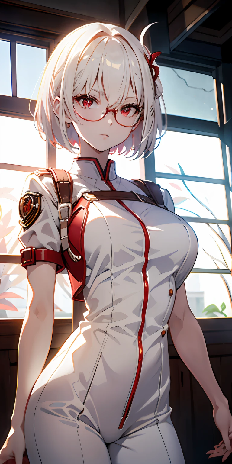 1 female,12 years old,blonde,(miniskirt and big white tank top, (big breasts), , natural smile,,frameless eyeglasses,(((leaning forward)))