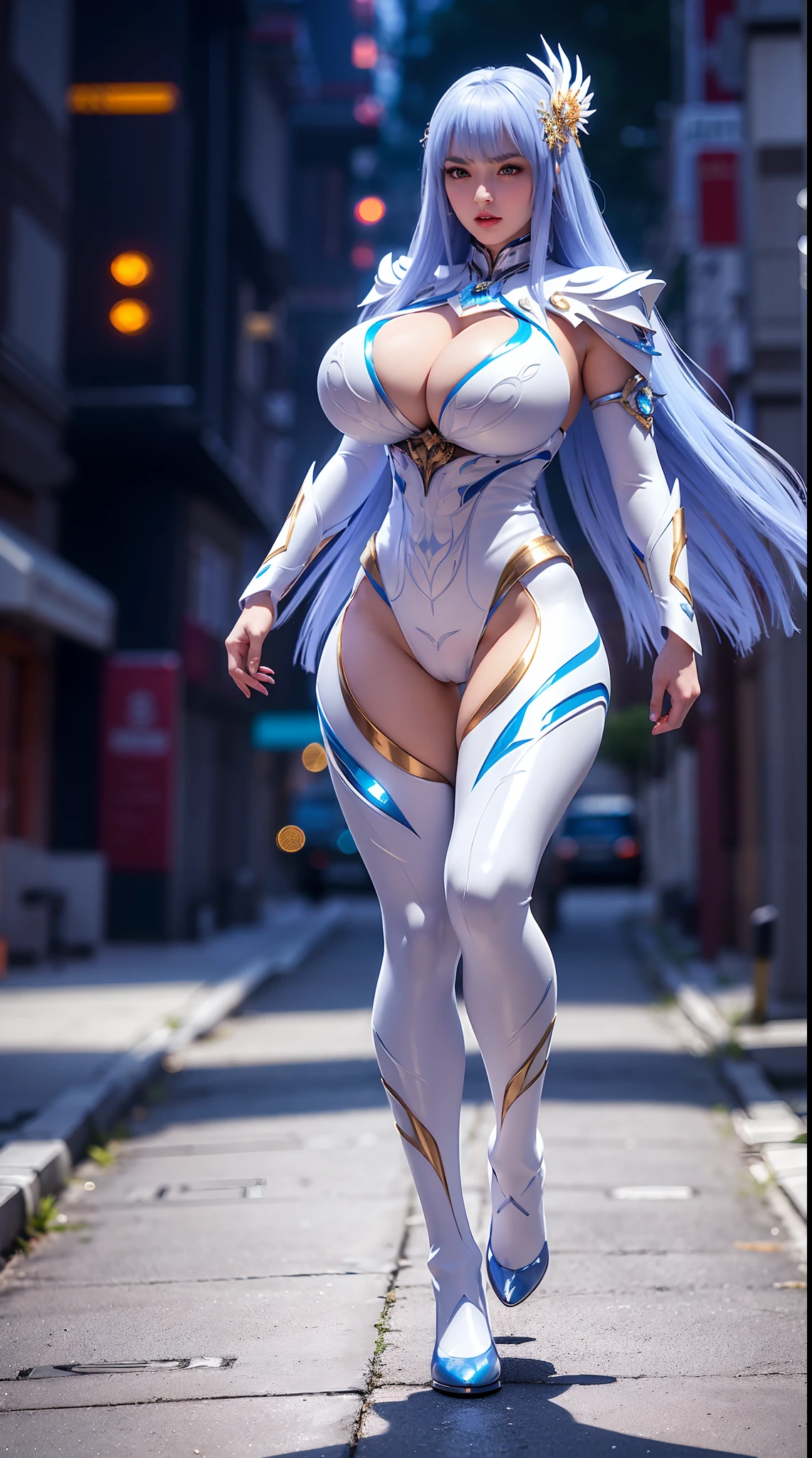 (HAIR ORNAMENT), (HUGE FAKE BOOBS:1.3), (WHITE, BLUE, GOLD), (STREET CITY BACKGROUND), (FUTURISTIC ICE PHOENIX MECHA BODYSUIT, ROYAL CAPE, CLEAVAGE:1.2), (SKINTIGHT YOGA HOTPANTS, HIGH HEELS:1.2), (PERFECT BODY, FULL BODY VIEW:1.5), (LOOKING AT VIEWER), (WALKING DOWN:1.2), SEXY MUSCULAR BODY, MUSCLE ABS:1.3, UHD, 8K, 1080P.