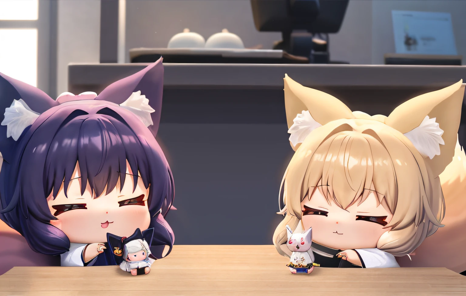 Florist clerk、Pop Mart Blind Box IP、Close up of cute white robe doll、Young One Angel Style、Wear longer, Dress fluently、Lop style、Poseline doll、Little people々々々々々々々々々々々々々々々々々々々々々々々々々々。unreal enginee 5、Light 3D/C4D production: 8K HD quality/illuminating/Ultra-fine lens description 1.5、flawless、Chibi Background/Cinematic。Tuna bowl、macadamia、(((7Foxes get along well)))