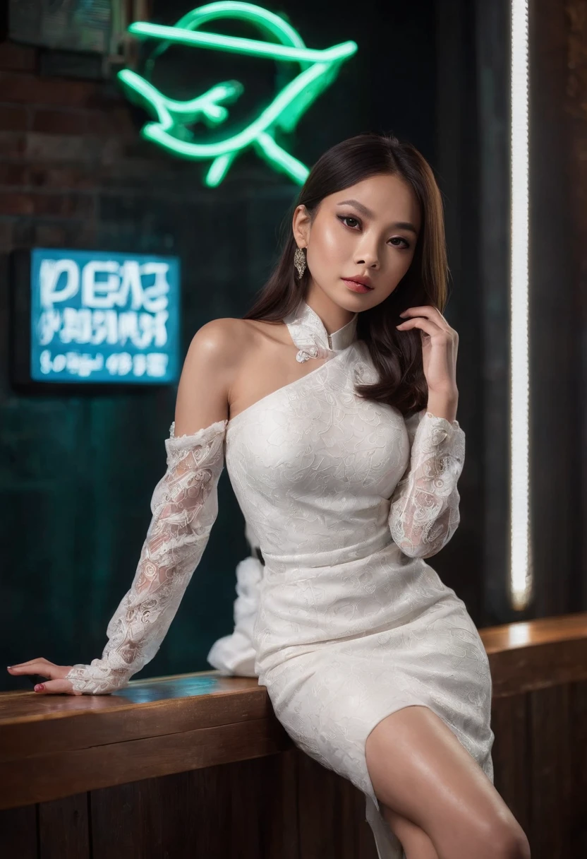 A portrait of a young malay woman in a white, form-fitting dress and high heels, petite body, sitting on a stool in a dimly lit bar, The background should feature a blurred crowd and a neon sign,