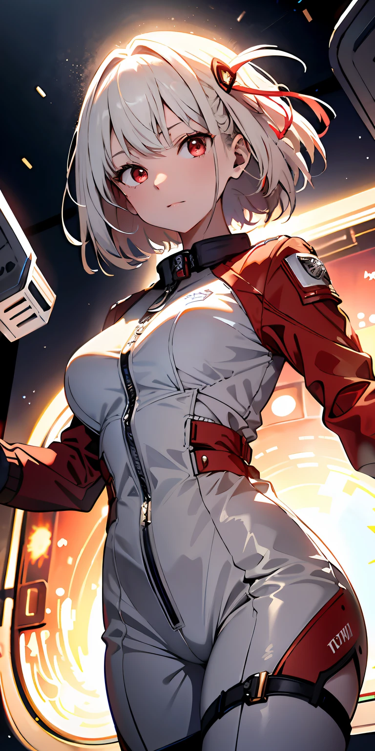 Absurd resolution, high resolution, (masterpiece: 1.4), super detailed, 1 girl, in spacesuit, seen from above, space, floating, satellite, running pose, wide angle lens distortion, platinum blonde, medium hair, red eyes
