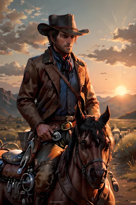 arthur_morgan, man on the horse, sunset, beautiful scenery, beautiful background, desert prairie, horse herd, a lot of horses