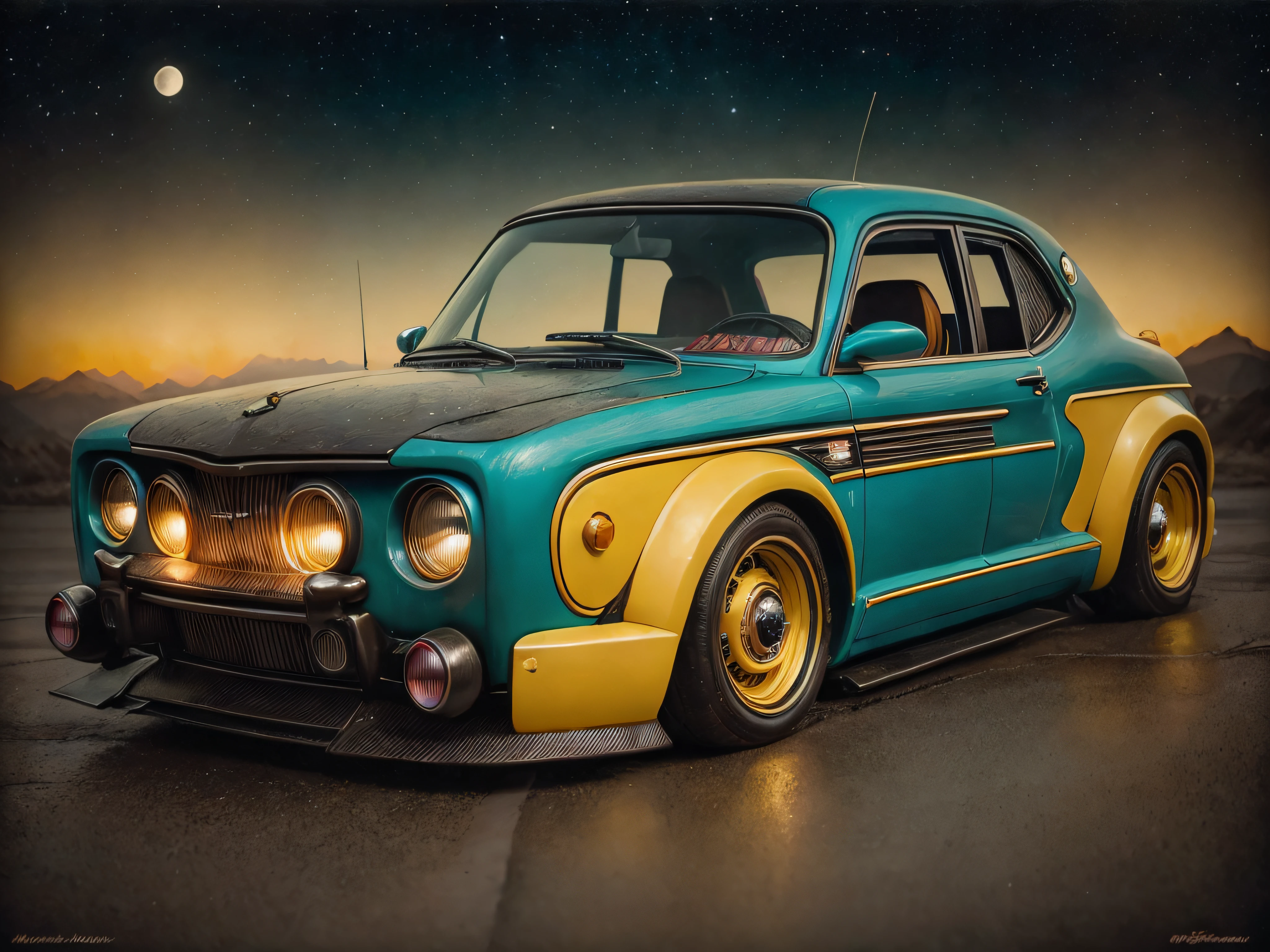 A close-up of a yellow car with a black stripe on the hood, fondo futuristico de noche, luces de neon, cuerpo ancho, Surrealist illustration, Arte oscuro surrealista, Estilo Mark Ryden, Mark Ryden muy detallado, Estilo de Mark Ryden, Naoto Hattori, Surrealismo pop lowbrow, Mark Ryden en el estilo de, benjamin lacombe, Surrealismo pop Lowbrow Art Style, Arte lowbrow, por Mark Ryden