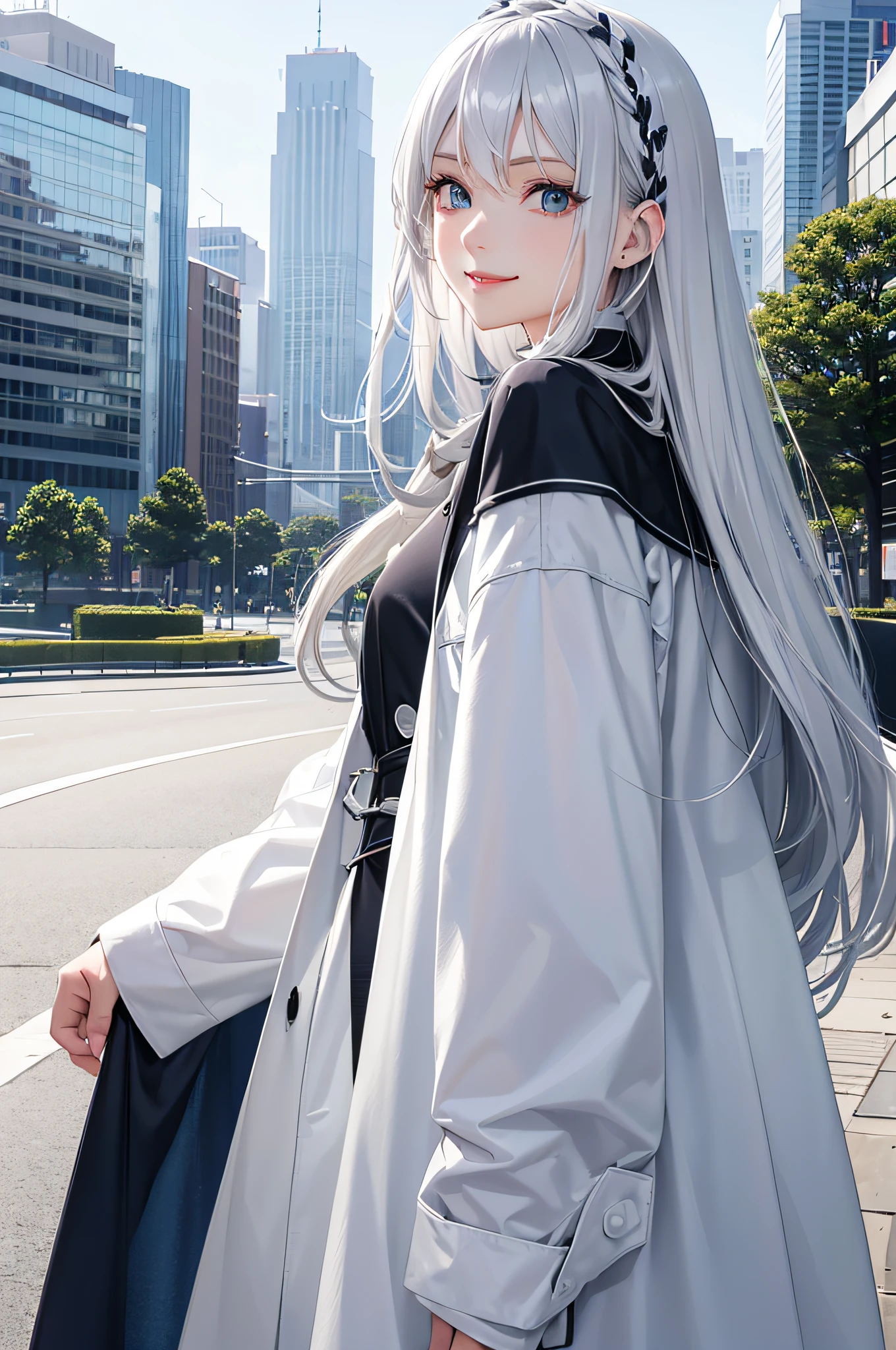Silver-haired woman in fashionable plain clothes、hair is long and shiny、Wearing a coat made of white fabric with a green design、Dark blue eyes、Modern park in the background、deadpan、Angle seen from the side、Super beautiful face、Bullish smile、