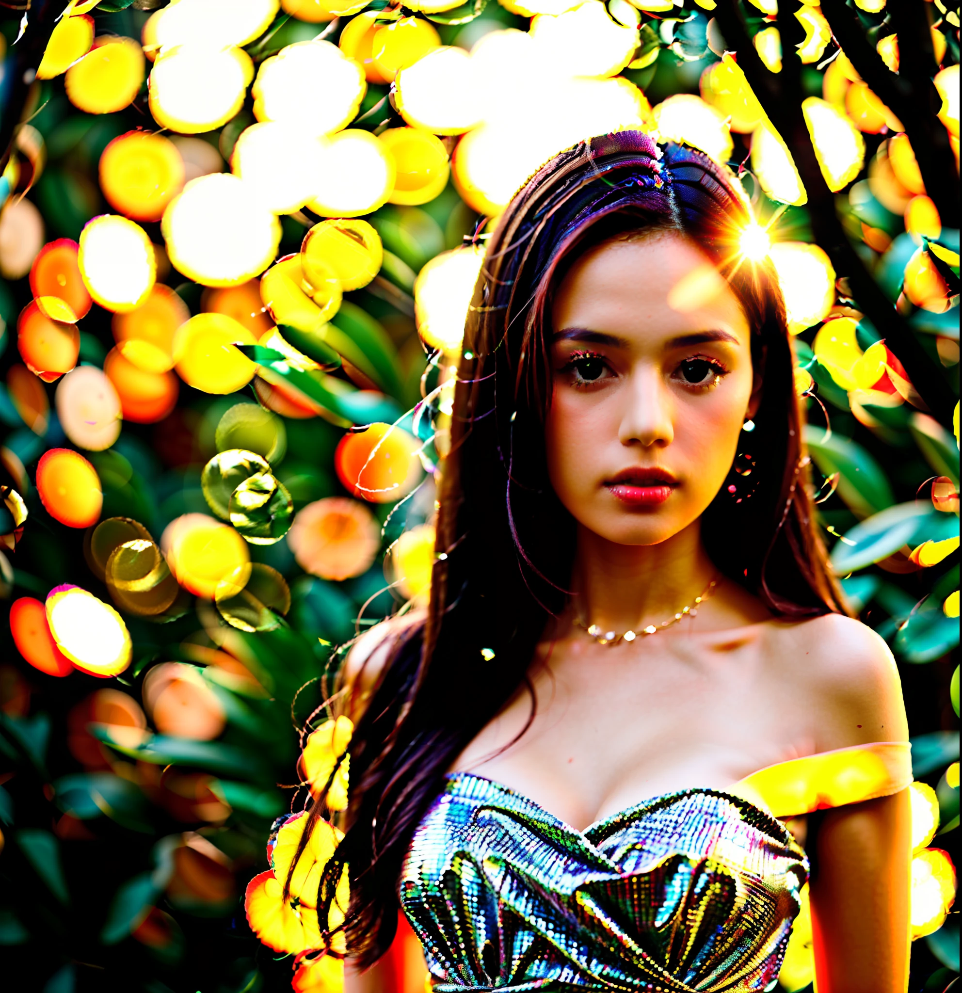 Lens Flare Bokeh New Zealander woman, soft Gorgeous dress, shiny fabrics, delicate, pure background, light soft --ar 4:5