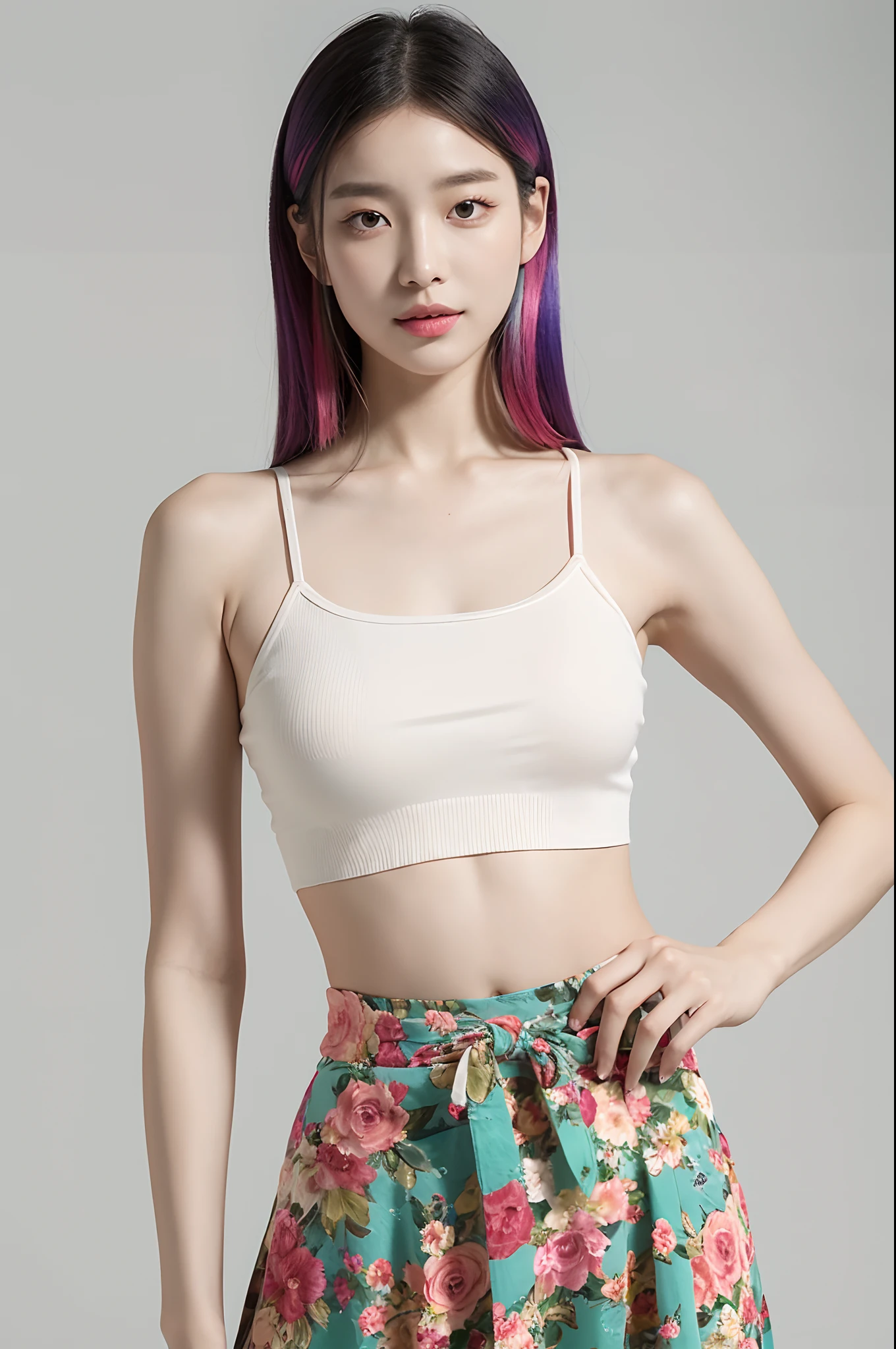 a woman in a floral crop top and mint skirt posing for a picture, croptop, crop top, bralette, wearing white camisole, bae suzy, wearing a camisole, physical : tinyest midriff ever, gorgeous young korean woman, heonhwa choe, cutecore, lulu chen, reluvy5213, rainbow hair