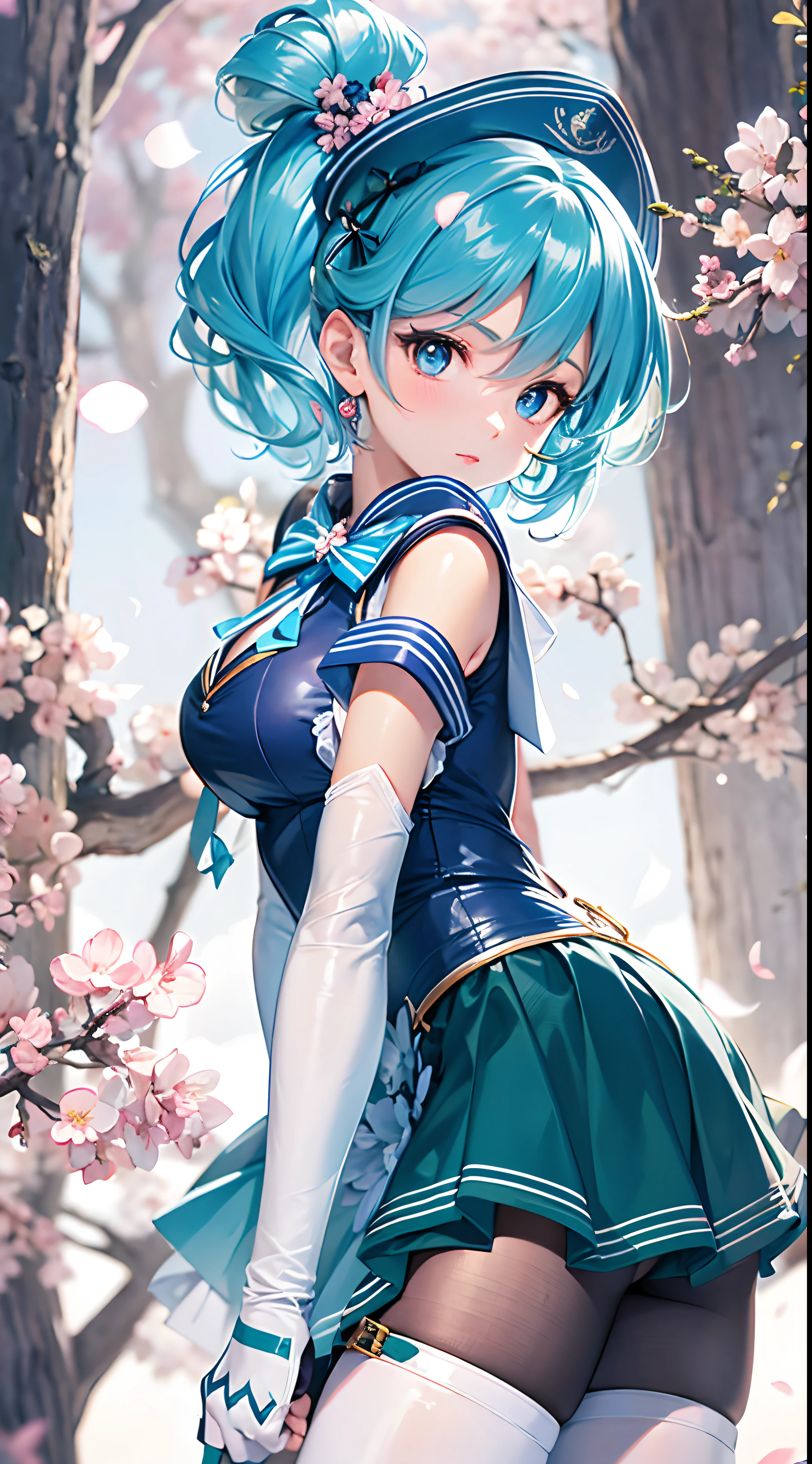 Best quality,Masterpiece,21 years old,1lady,mature face,bishojo,At night,Rich background,(sakura trees),Sailor Mercury,tall girl:1.1,Sailor warrior suit, Blue hair, hair has covered one eye,Blue pupils,Long latex gloves,Long legs:1.2,(a very tall girl),smooth legs,smooth thighs,Slender:1.2,beautiful legs:1.3,Thin legs,Thin thighs:1.2,standing:1.1((,From behind:1.1)),dynamic posture,Full body shot:1.2,White solid blue skirt, Blue collar,The bust apron is decorated with a light blue bow, Solid blue round gemstone on bow on chest,White three-ring gloves,Blue-and-white-edged half-heeled boots,