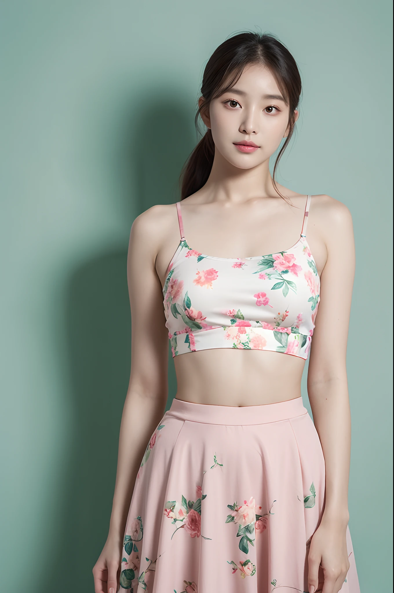 a woman in a floral crop top and mint skirt posing for a picture, croptop, crop top, bralette, wearing white camisole, bae suzy, wearing a camisole, physical : tinyest midriff ever, gorgeous young korean woman, heonhwa choe, cutecore, lulu chen, reluvy5213, light pink hair