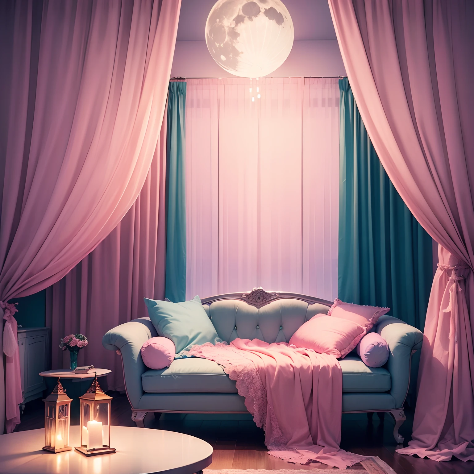 a room Thin curtains The moon seen from the window Pink Lights Pink table Sweet sofa Mint Color Wallpaper chandeliers