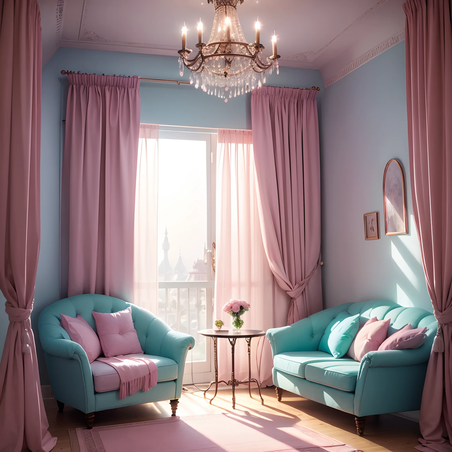 a room Thin curtains The moon seen from the window Pink Lights Pink table Sweet sofa Mint Color Wallpaper chandeliers