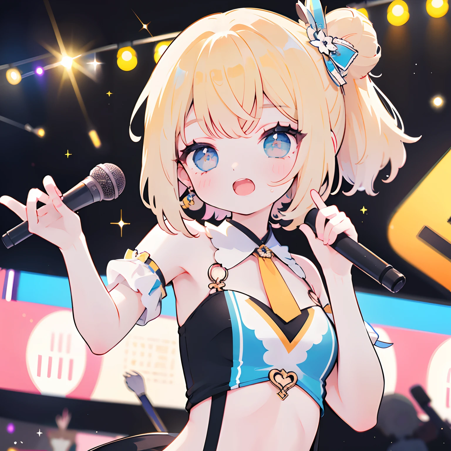 1 girl in, long, a blond, Twin-tailed, Idol, Point here, holding the mic, Singing, Focus on the upper body, Fan service available,Laughing with open mouth, wink