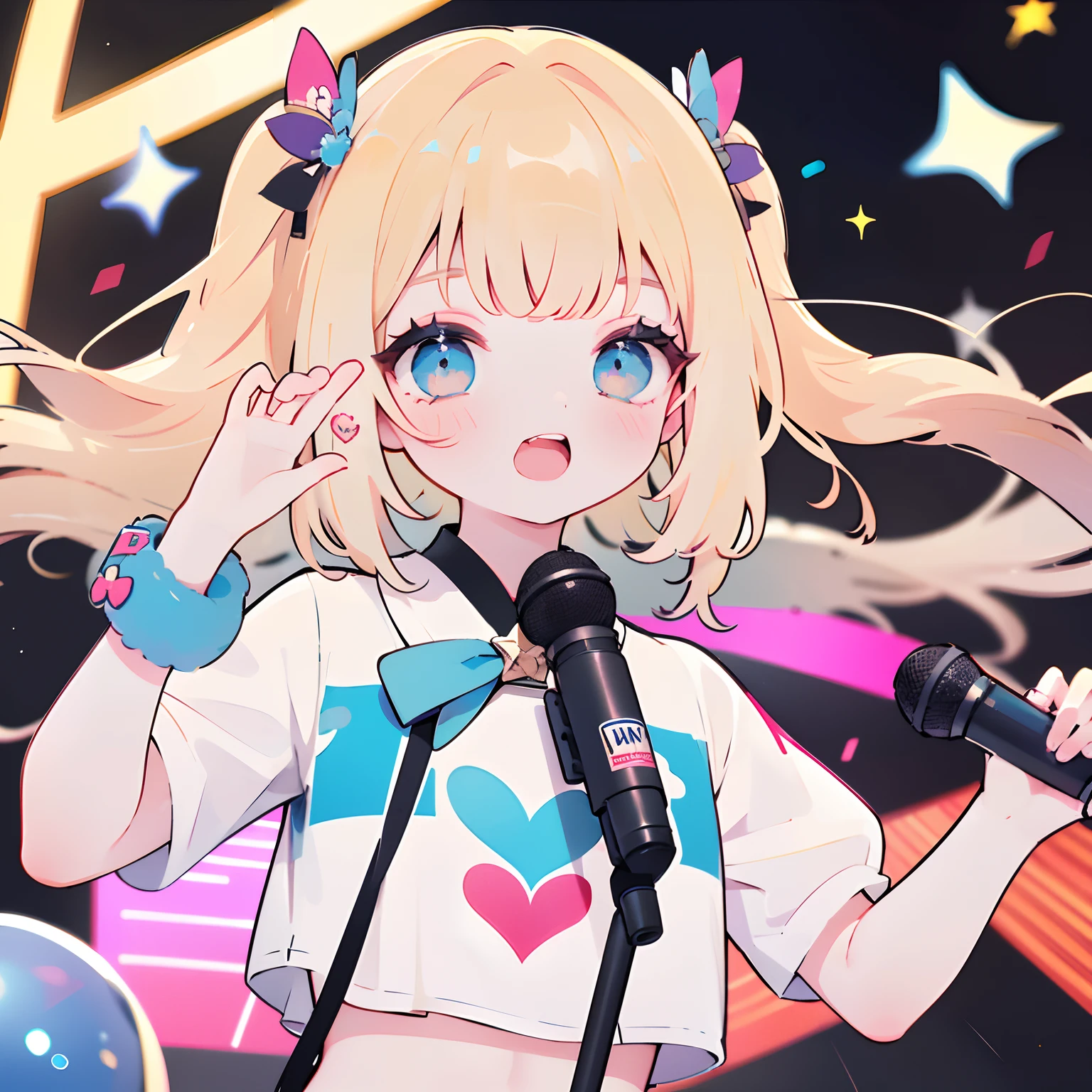 1 girl in, long, a blond, Twin-tailed, Idol, Point here, holding the mic, Singing, Focus on the upper body, Fan service available,Laughing with open mouth, wink
