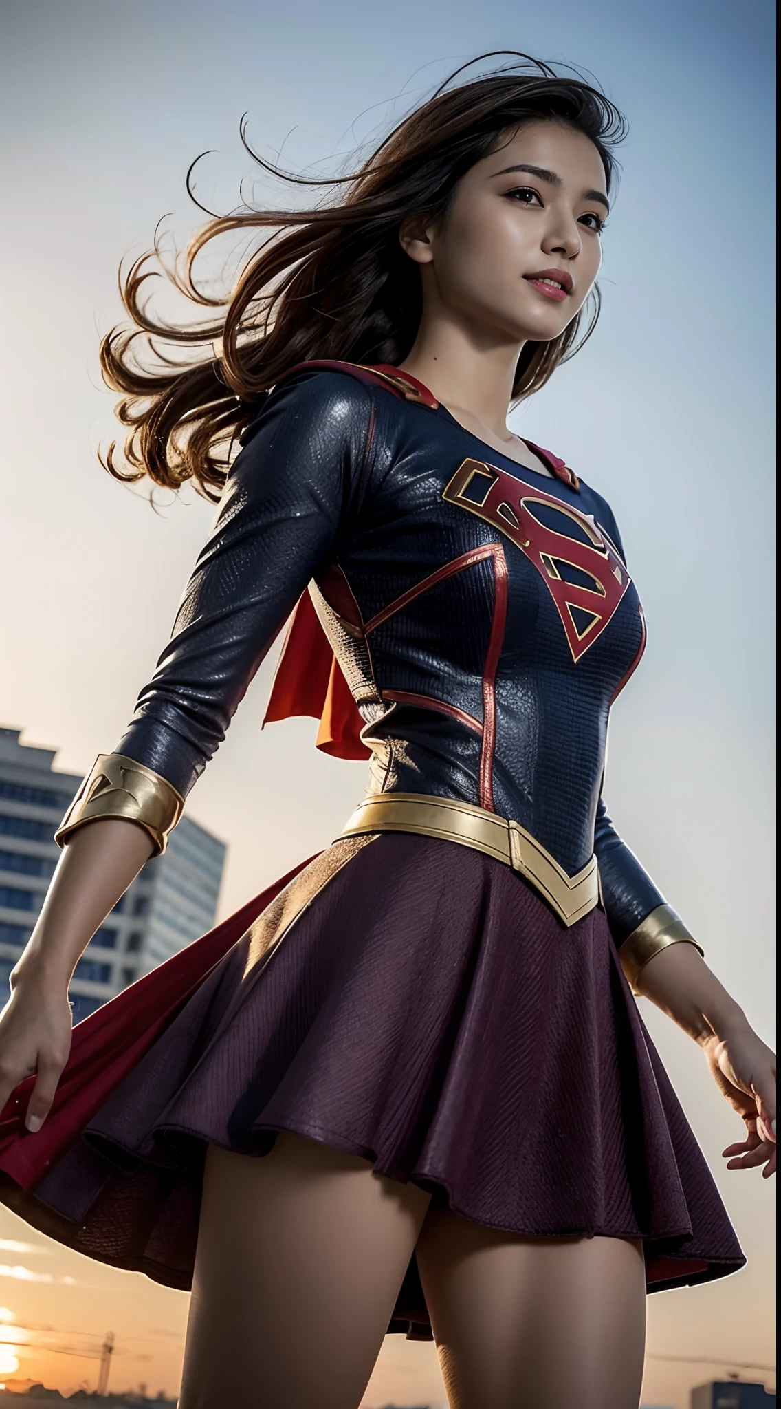 (Photorealistic:1.37), Highest Quality, masutepiece, 超A high resolution, (Healthy skin tone), BREAK, Solo, Cinematic, from back view, (She wears DC's Supergirl costume suit:1.2), S mark on chest, Red short skirt, Long Red Cloak, A fearless smile appears in her beautiful profile, Elegant, Light brown short hair, Beautiful body like a supple athlete, Very sparkly oily skin, Large breasts, Big hips, plein air, Skyscraper Area, BREAK, Highly detailed beautiful eyes and face, Detailed fabric texture, Insanely detailed realistic skin texture, (Correct body balance), Top-quality lighting that doesn't darken your face when backlit