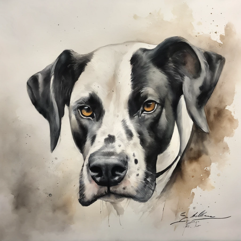 Arte realista del tatuaje del dalmata, ..com (((ojos marrones))) Muestra un efecto de boceto de salpicadura de tinta ,Boquiabierto, He looked very fierce and angry.,Classical Chinese Art Style