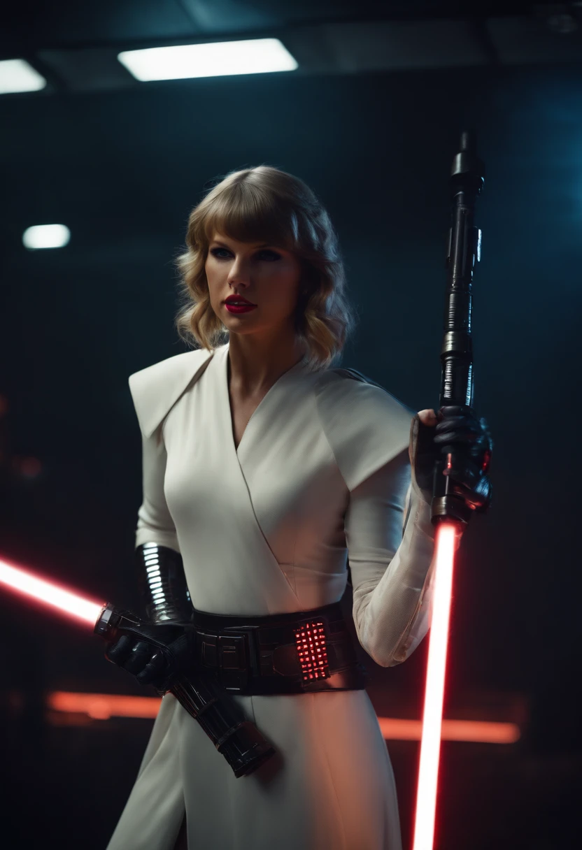 taylor swift in a galaxy far far away with a light saber and full body armor.