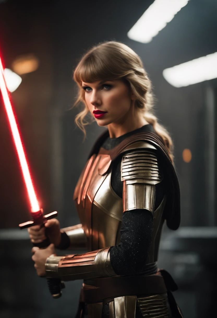 taylor swift in a galaxy far far away with a light saber and full body armor.