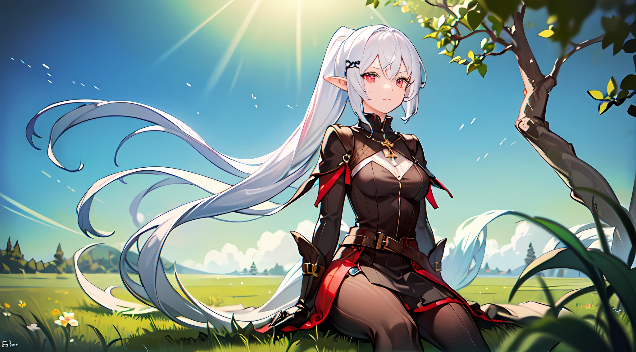 one girl, white hair, yellow color eye, elf, medium breast, long ponytail hairstyle, adventure theme, looking at the star, sitting in the grass, river