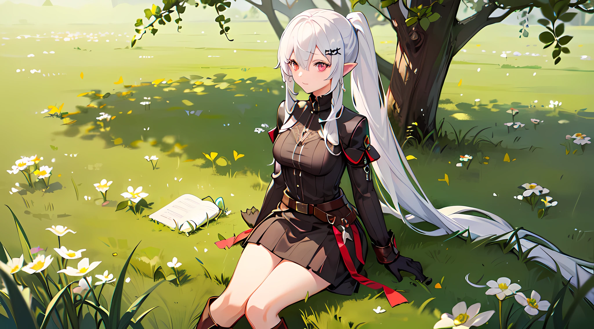one girl, white hair, yellow color eye, elf, medium breast, long ponytail hairstyle, adventure theme, looking at the star, sitting in the grass, river