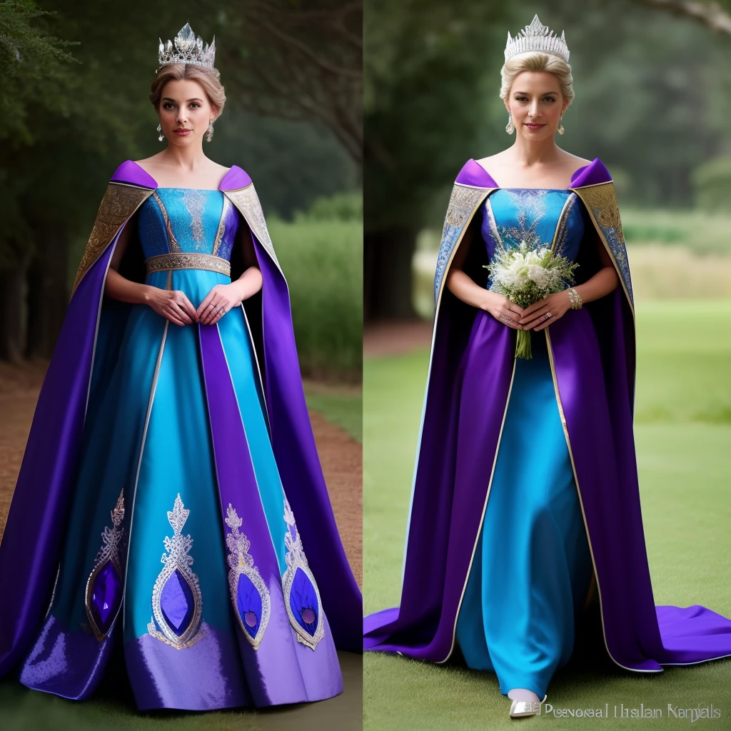 Elsa in a regal queen attire. Peacock blue dress and purple cape hair in a dinified bun and a crown