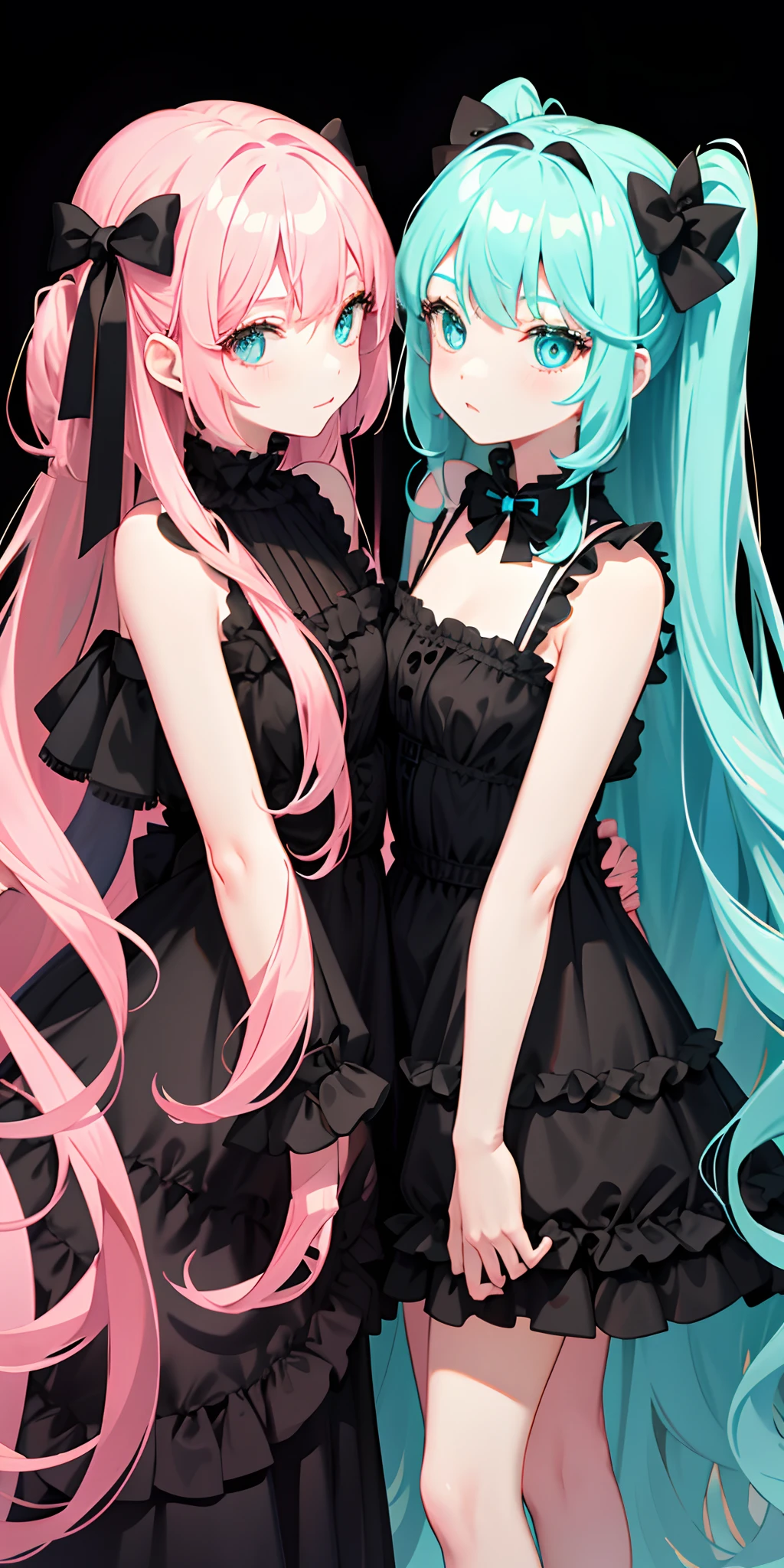 2 twin girls with blonde long hair and turquoise eyes, but in different clothes, 1 girl in a gothic black dress and with a black bow on her head from the side, 2 girl in pink cute fluffy dress and with pink bow on her head from the side