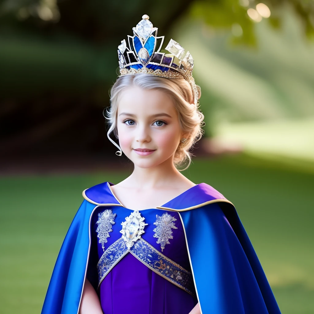 Elsa in a regal queen attire. Peacock blue dress and purple cape hair in a dinified bun and a crown