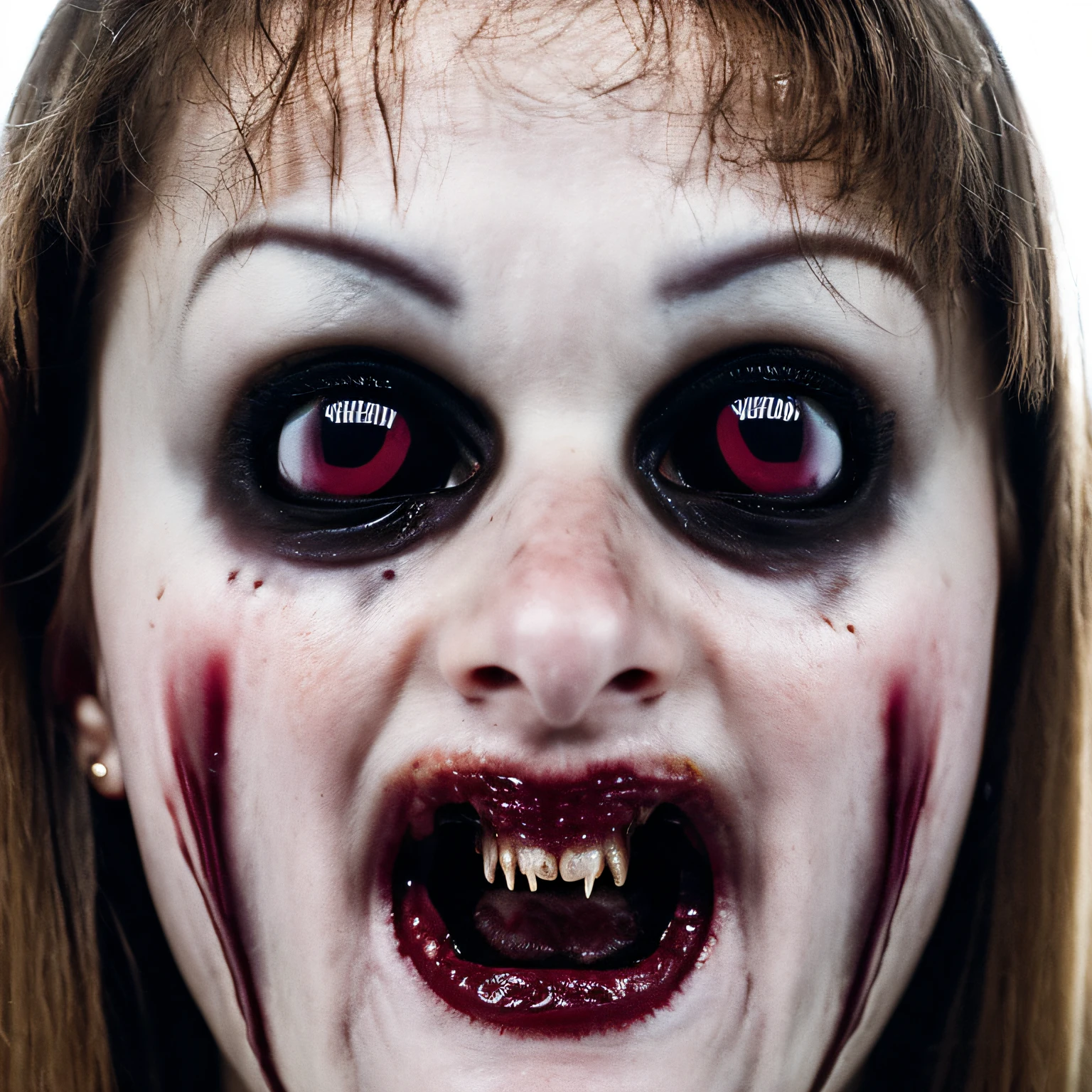 Scary extreme close-up screaming portrait face at night, lampe de poche, dent pointue