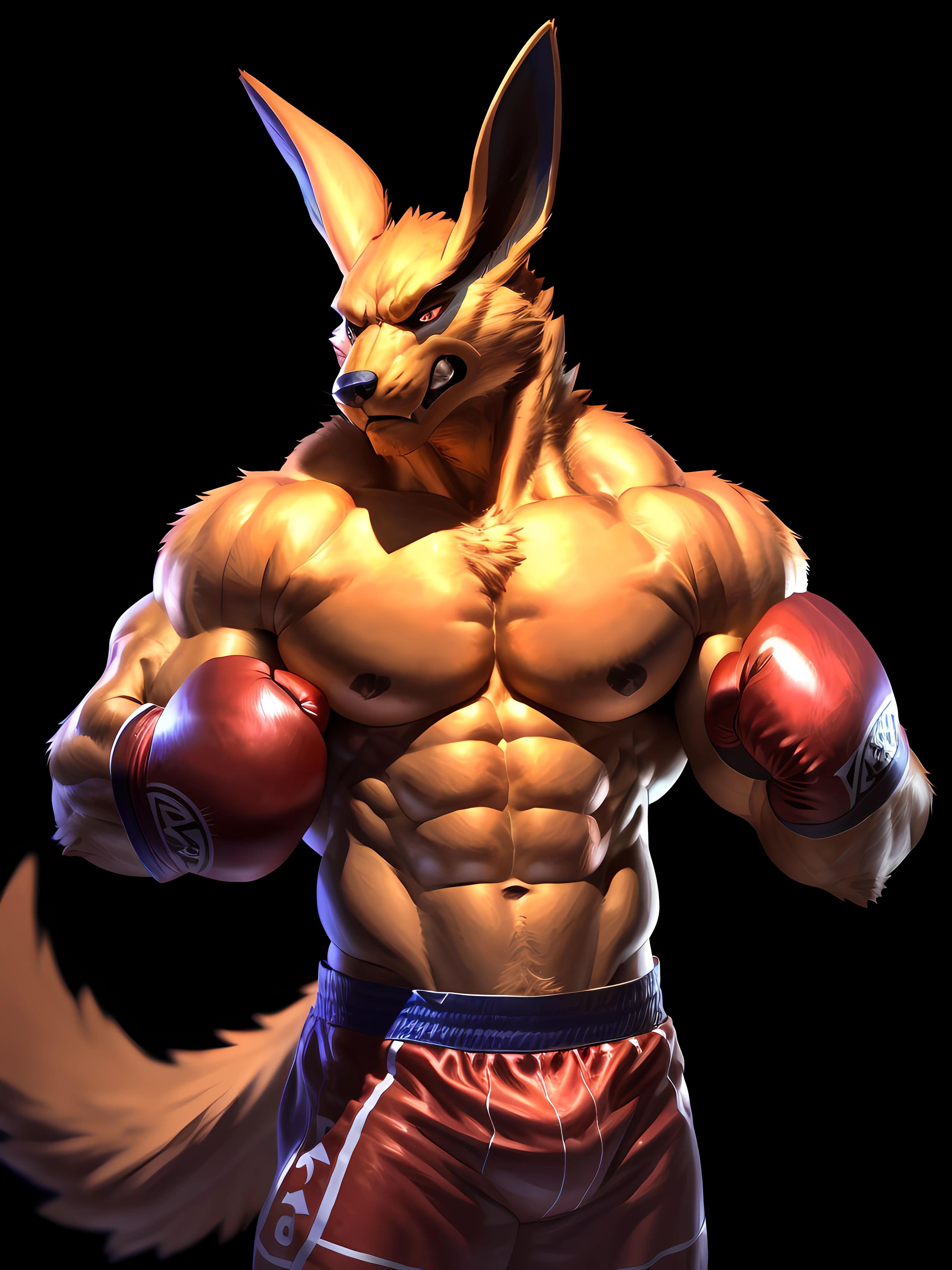 kurama, wearing boxing gloves, 4k, high resolution, best quality, posted on e621, solo, anthro body, male, adult, very masculine, (very muscular, very defined muscles, strong pectorals, large pecs, muscular arms, muscular legs, heavyweight:1.2), correct anatomy, (black background, no background, featureless background:1.2), (by vorusuarts:0.6), (by spelunker_sal:0.6), (taran fiddler anatomy:1.0), (red boxing trunks, red boxing gloves), (detailed eyes:1.2), (detailed shading, photorealistic shading, masterpiece:1.2), confident, proud, strong, front view, half body, angry face, furrowed brows, looking at viewer, single tail