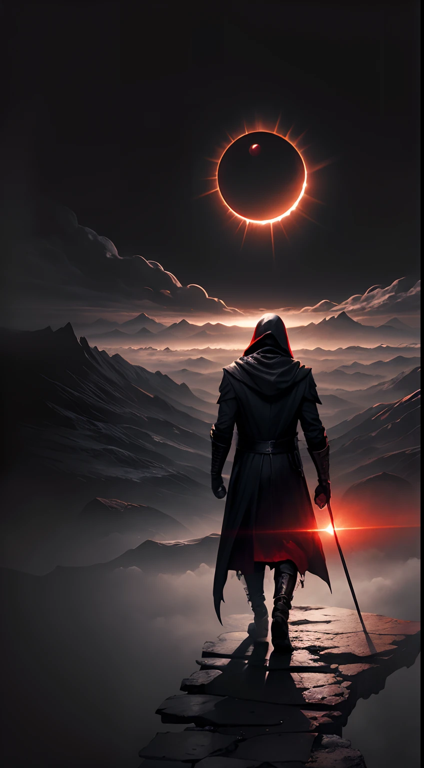 (masterpiece), best quality, a hooded man walking in the end o world, ( a scary dark tower:1), apocalypse, (eclipse:1.3), from back, back view, landscape, dark atmosphere, dark fantasy style, epic emotions, cool, badas, red and black, hellsih landscape, dark, (epic), solo, alone, cinematic