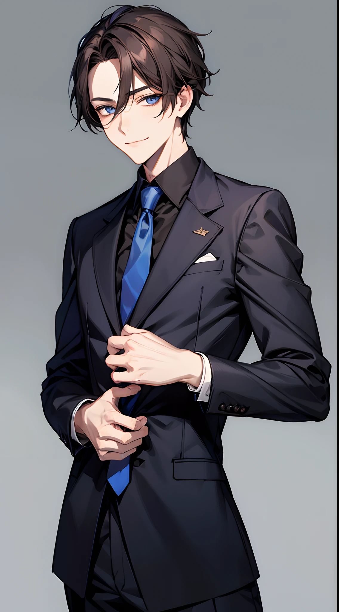 1man, Face Focus, [[[[[[[pupils]]]]]]], frontage,[[[Standing picture]]],[[[[From waist to head]]]],frontage,校服,blazers, Black shirt, blue tie,top-quality, adopt, A detailed face, simple background、white backgrounid、[[[Ash brown hair]]]、[[[Blue eyes]]]、gentle face,smile,frontage