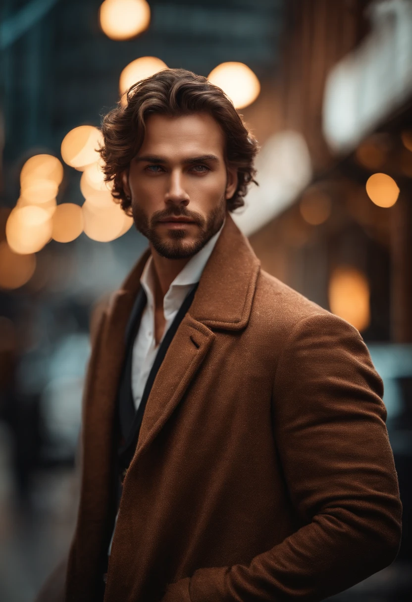 Portrait photo of a handsome male full body photo, perfect eyes, wearing a shabby mecha coat, ((light bokeh)), intricate, (steel metal [rust]), elegant, sharp focus, photo by Greg Rutkovsky, soft lighting, bright colors, masterpiece, (street)), detailed realistic face, close-up of the face