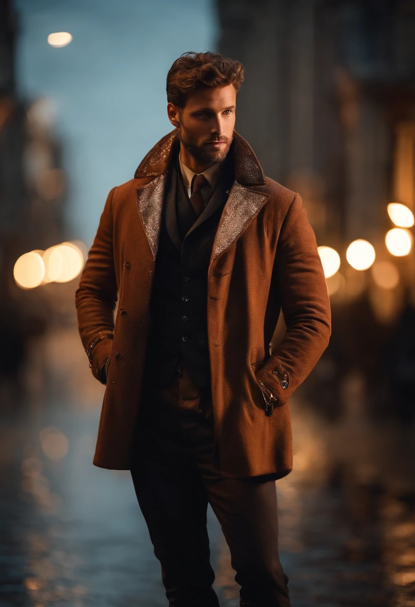Portrait photo of a handsome male full body photo, perfect eyes, wearing a shabby mecha coat, ((light bokeh)), intricate, (steel metal [rust]), elegant, sharp focus, photo by Greg Rutkovsky, soft lighting, bright colors, masterpiece, (street)), detailed realistic face, close-up of the face