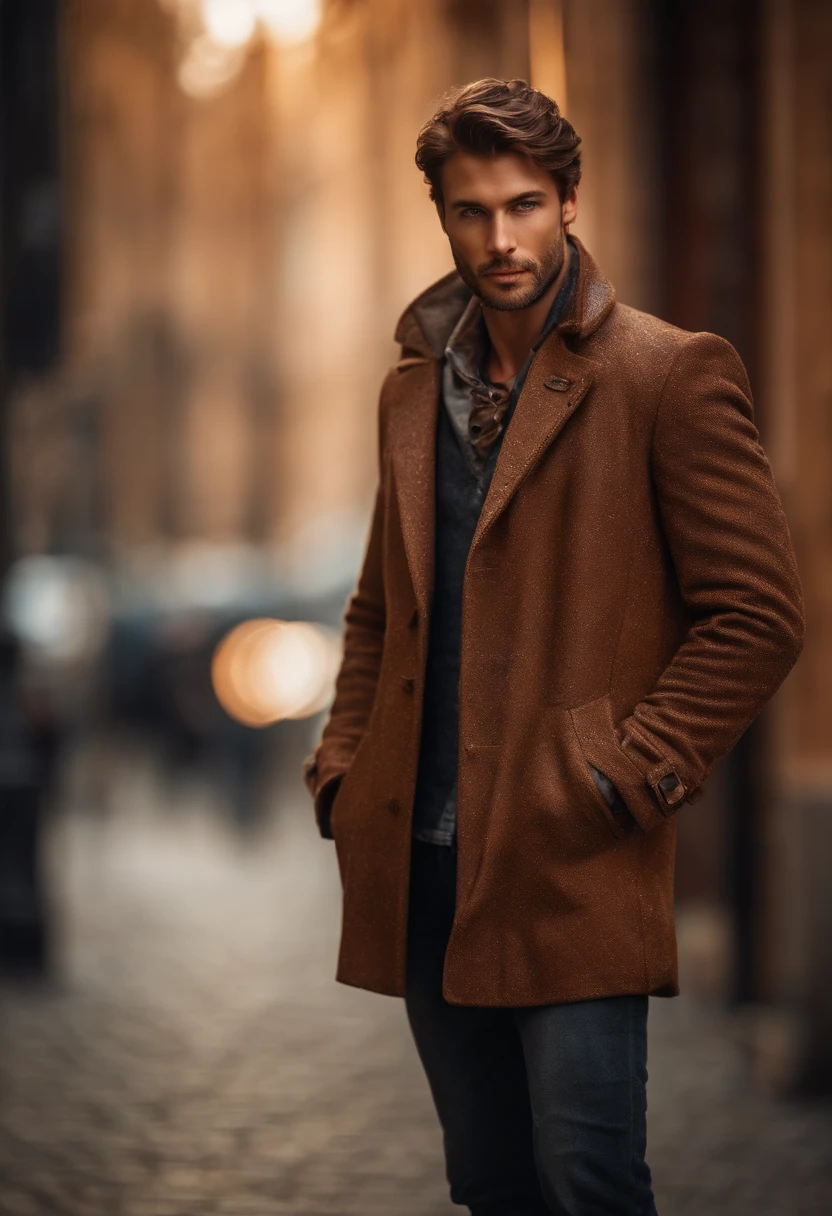 Portrait photo of a handsome male full body photo, perfect eyes, wearing a shabby mecha coat, ((light bokeh)), intricate, (steel metal [rust]), elegant, sharp focus, photo by Greg Rutkovsky, soft lighting, bright colors, masterpiece, (street)), detailed realistic face, close-up of the face