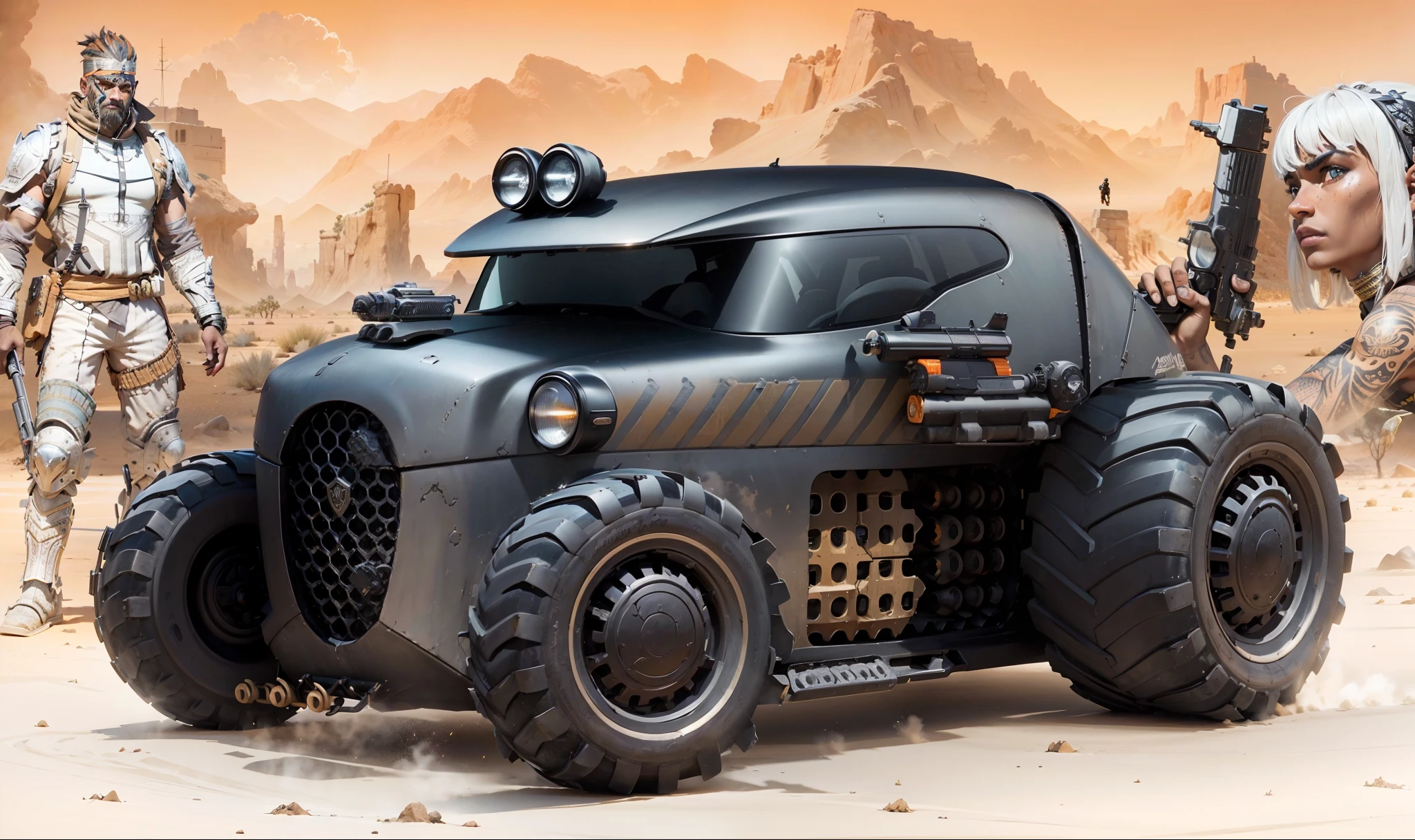A small black vehicle, mas poderoso, with missiles on the side body in the foreground, A warrior man standing carrying a pistol and a beautiful warrior on the other side with a pistol and a desert, Cidade abandonada ao fundo dominada pela luz laranja do sol do deserto