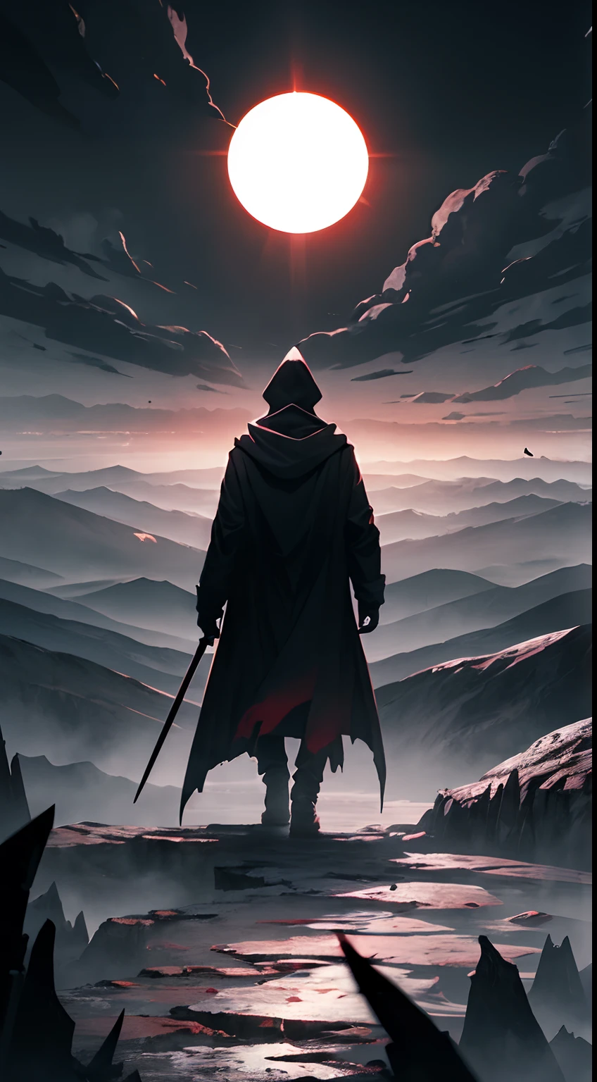 (masterpiece), best quality, a hooded man walking in the end o world, ( a scary dark tower:1), apocalypse, (eclipse:1.3), from back, back view, landscape, dark atmosphere, dark fantasy style, epic emotions, cool, badas, red and black, hellsih landscape, dark, (epic), solo, alone, cinematic