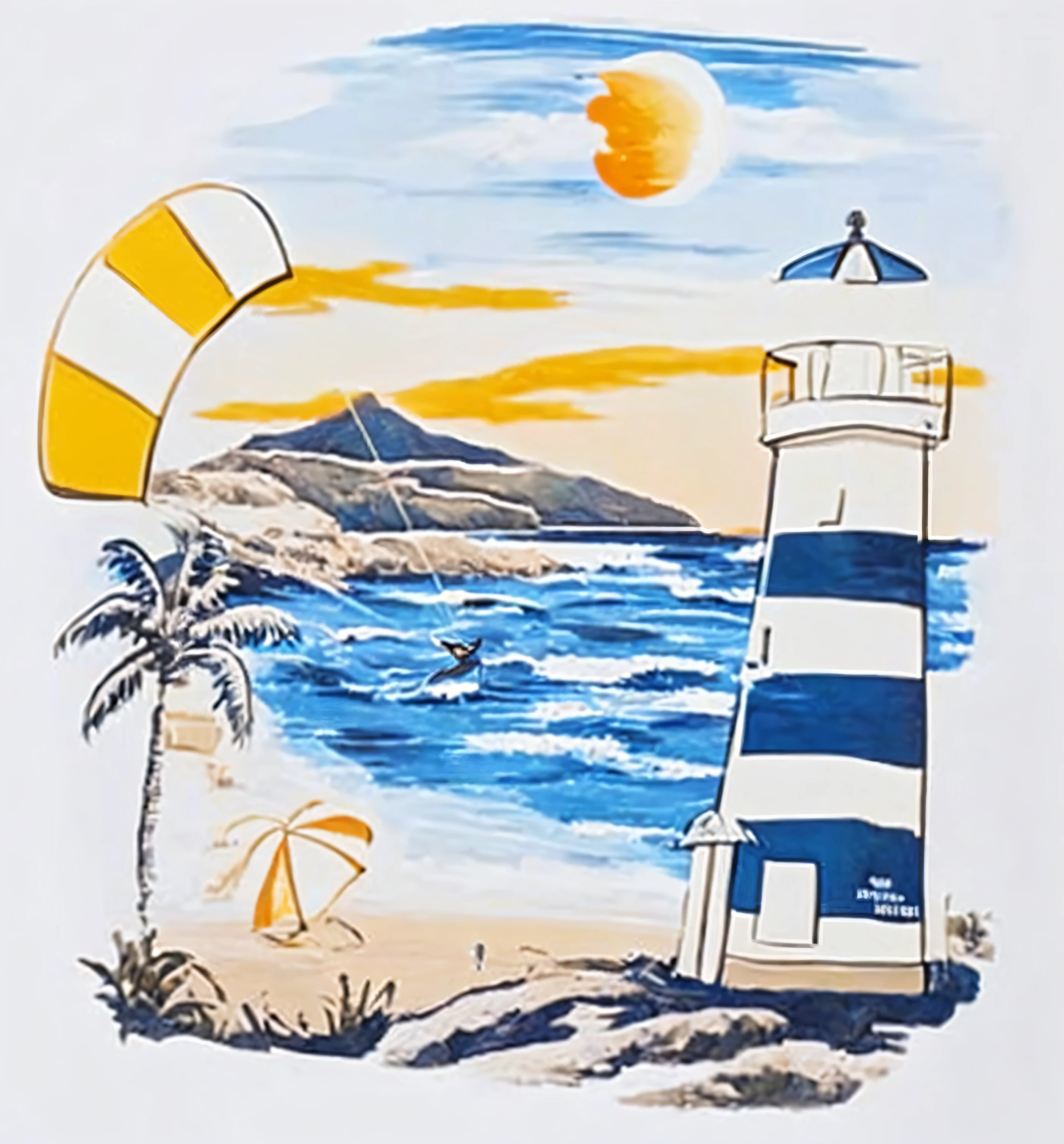 pintura de um farol com uma vela e um parasail na praia, litoral, farol, Costeiro, farol da barra, farol, tampa de tela, no oceano, 🪔 🎨;🌞🌄, vista para o mar, illustartion, 5D, 5 d, Beachfront, tee shirt graphic, zarpar, Frank Franzzeta, Scooch
