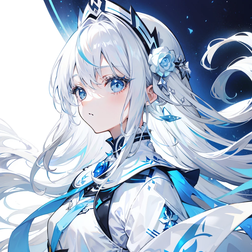 long blue-silver-white hair,White clothing that matches blue