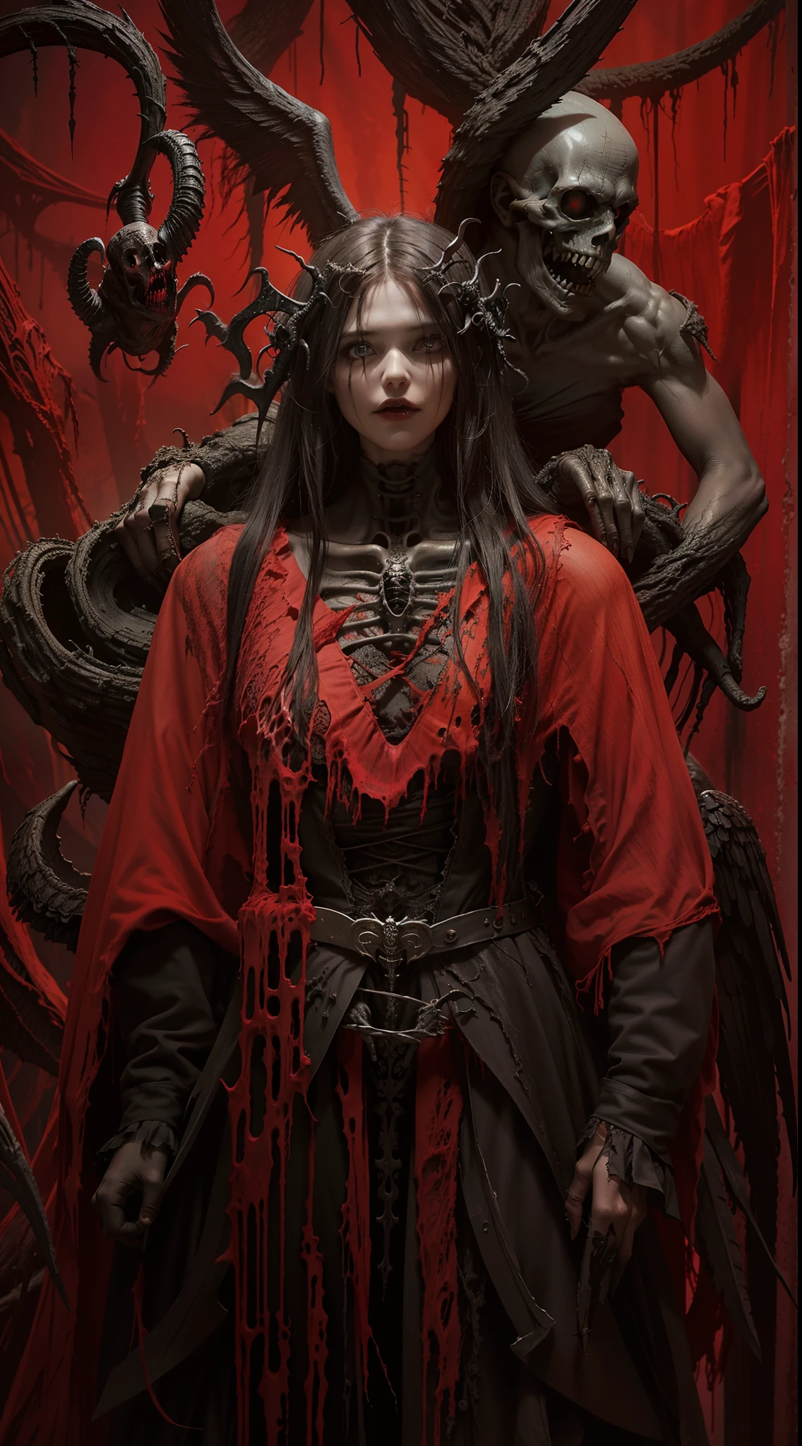 Fine matte painting, skeleton dark angel big wings haunted castle on drawing table full of knives, horror, spookiness, scary, secret horror, tentacles, vines, eyes, uncanny valley effect teeth, limbs, animals, blood moon