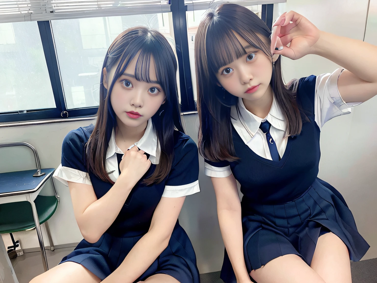 (8K, Raw photography, top-quality, ​masterpiece:1.2), master piece, best quality, illustration, Super detailed, fine details, High resolution, 8K,wall paper, perfect dynamic composition,(Details High quality, realistic depiction of eyes:1.3), ((2 girls, 2 schoolgirls)), The background is a luxury hotel room、High school girl uniform、blazer 、Super Short Check Uniform Skirt、Navy blue high socks、garterbelts、Colossal tits、Disturbed uniform, Play with each other,Touching each other's bodies,Touching the body of the girl next door, short bob hair, black hair color, huge breasts, Big Natural Color Lip, bold sexy pose, (perfect body shape), crying a little、cold gaze,  Beautiful makeup,glitter makeup,Cutest 18 years old, beautiful legs, hposing Gravure Idol, Voluptuous thighs