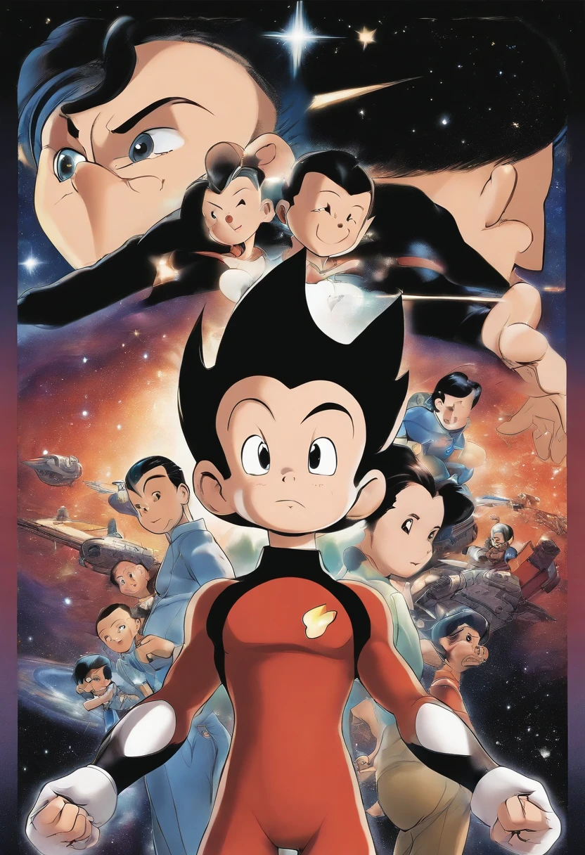 create astroboy ,handsome boy, astroboy the movie cartoon, a full portrait , galaxy background, by Ikuo Hirayama, by Akira Toriyama, tezuka osamu, safebooru anime image, toei, official art, by Osamu Tezuka, inspired by Osamu Tezuka, by Nakahara Nantenbō