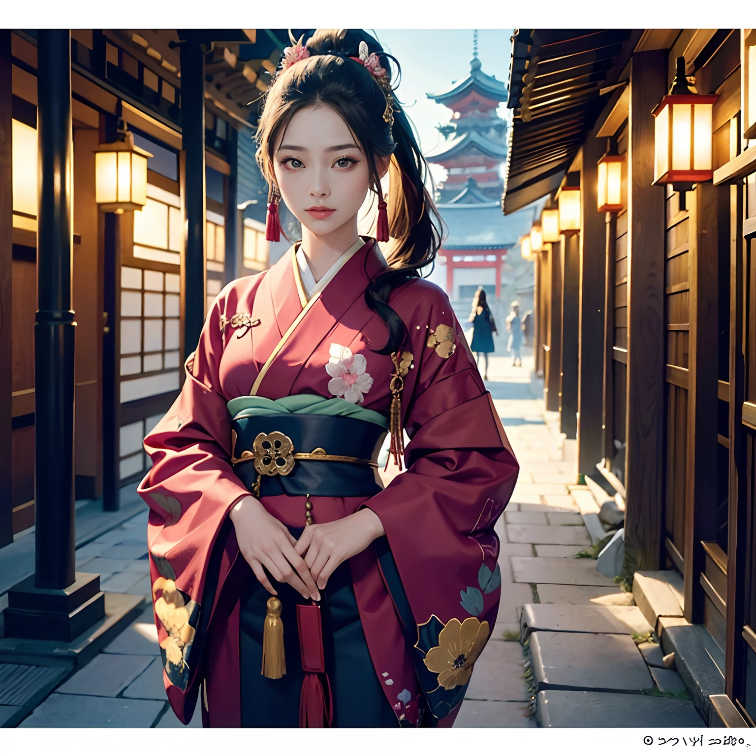 Cyberpunk style,Break Details Background(Temples and shrines in Kyoto(with no people)),BREAK,elaborate costume{Luxury kimono(Colorful kimono(detailed embroidery,))}、1girl in(Japanese Actress:1.2)(face perfect:1.2),Depicting a beautiful and classy adult woman,glossy dark hair(poneyTail),Heart in the eye, Wallpapers 16K,Blur the background with a sickle,((masutepiece)), ((Best Quality)),{{a portrait photo of}},full body Esbian