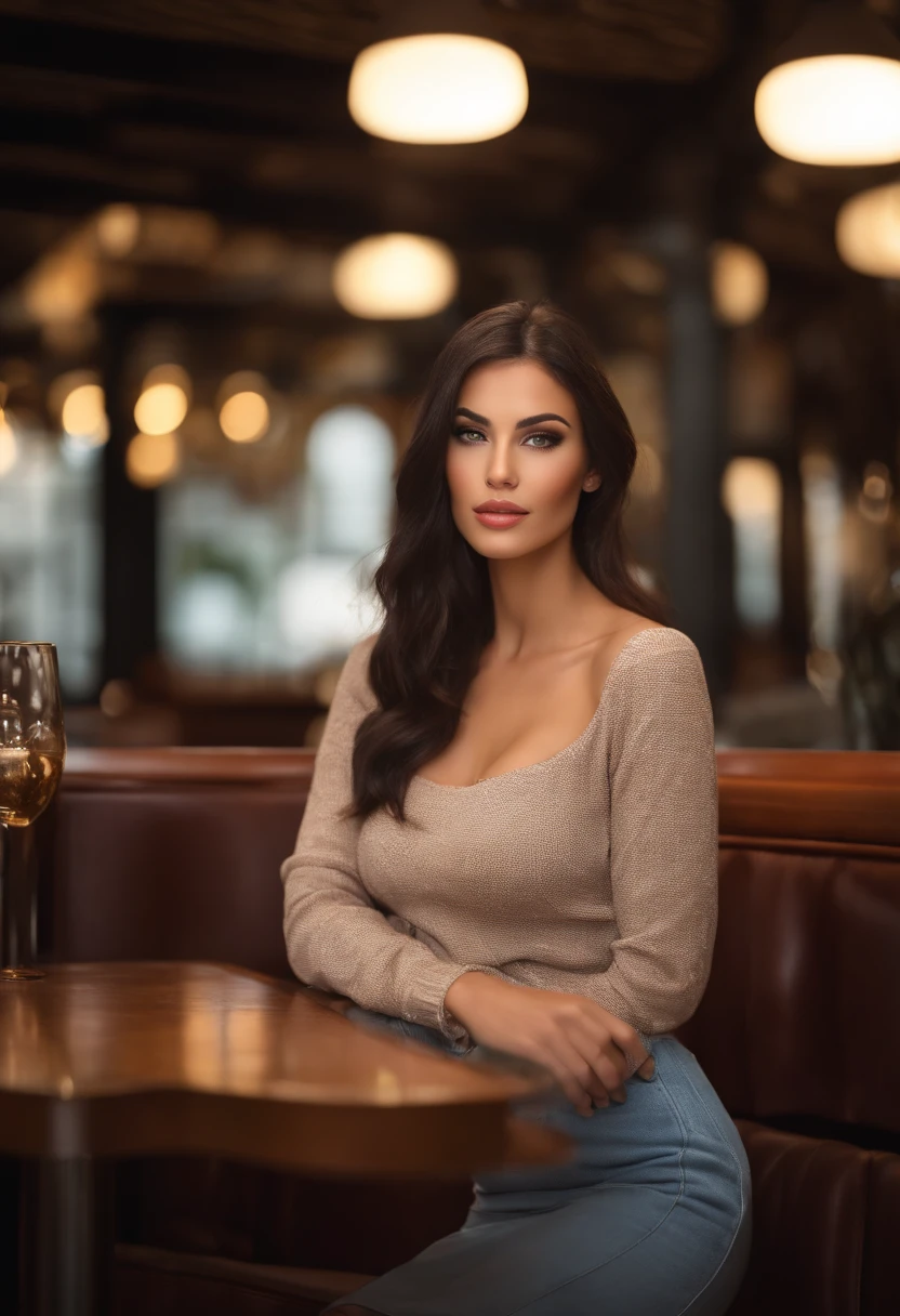 Femme Latina en T-shirt blanc et collier, Repas au restaurant, fille sexy aux yeux verts, Portrait Sophie Mudd, cheveux bruns et grands yeux, selfie of a young woman, Yeux de chambre, Violet Myers, pas de maquillage, maquillage naturel, looking straight at camera, Visage avec Artgram, maquillage fin, Superbe plan complet, piercing green eyes, Bel angle, pose attrayante, douce fille, sexy pose, Image pleine longueur, complet - corps, Prise de vue du corps entier, brunette goddess, High detail, Posture satisfaite, dans une jupe grise et des bottes, jupe upskipe, bottes de genou