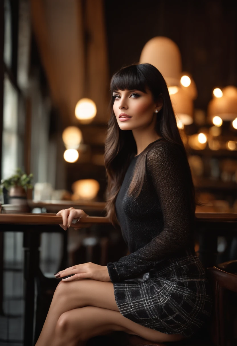 (sharp focus: 1.2), photo (full body) (American flat), attractive 25-year-old, in paris, sitting in a restaurant, (beautiful face: 1.1), detailed light brown eyes, delicious lips, (eye makeup: 0.85), (medium breasts: 1.0), (firm body: 1.2), (soft long black hair: 1.2), (long bangs:1.3),wearing (miniskirt) plaid miniskirt, (oversize sweater), (moderate lighting: 1.2), depth of field, bokeh, 4K, HDR. Miss Universe, cover photo. ((skin with small spots and wrinkles), , (moody lighting: 1.2), depth of field, bokeh, 4K, HDR