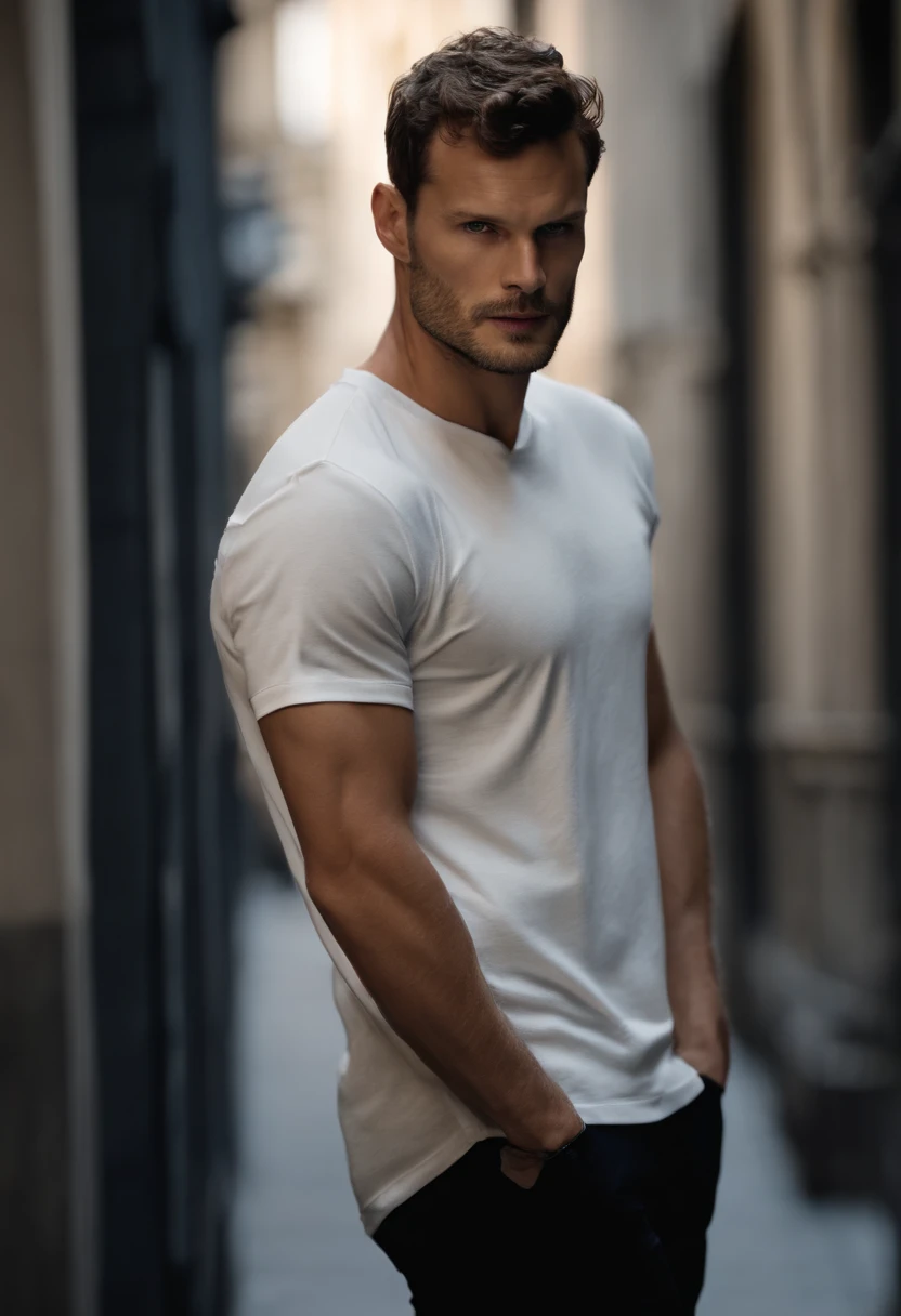 (Mann weissen T-Shirt), ), (langer Bart tragen,) Attractive and serious appearance, dunkel braunes Haar, Stilvoll und elegant, shaved and strong body T-shirt, Man similar to actor Jamie Dornan, (High quality and realistic image), im Hintergrund Skandinavische Wohnung mit blauer Wandfarbe, ((best quality, 8K, Meisterwerk).