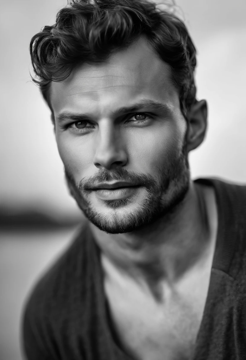 (Mann weissen T-Shirt), ), (langer Bart tragen,) Attractive and serious appearance, dunkel braunes Haar, Stilvoll und elegant, shaved and strong body T-shirt, Man similar to actor Jamie Dornan, (High quality and realistic image), im Hintergrund Skandinavische Wohnung mit blauer Wandfarbe, ((best quality, 8K, Meisterwerk).